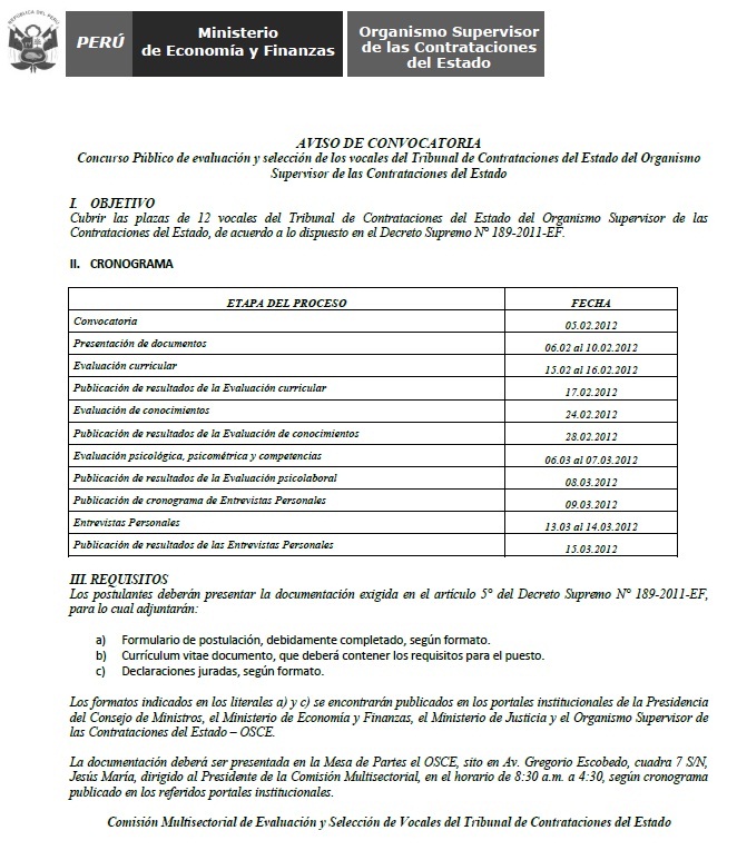 Convocan Concurso Público para elegir vocales del Tribunal de Contrataciones del Estado