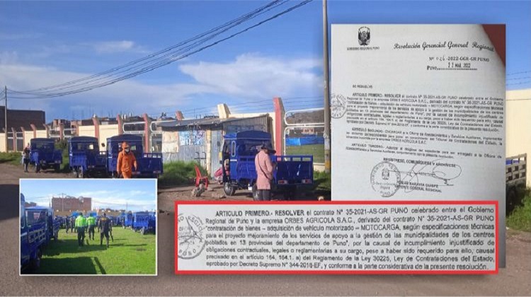 Gobierno Regional de Puno resuelve contrato de las 343 motocargas con la empresa Orbes Agrícolas S.A.C.