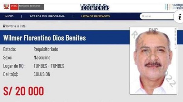 Tumbes: Exgobernador Wilmer Dios figura entre los más buscados por el Mininter