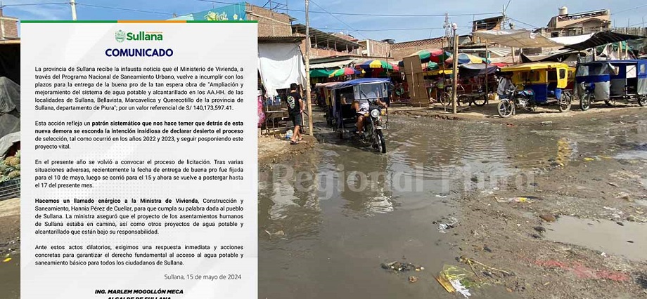 Alcalde de Sullana, denuncia incumplimiento en plazos para otorgar buena pro de proyectos de saneamiento