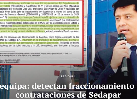 Arequipa: detectan fraccionamiento en contrataciones de Sedapar