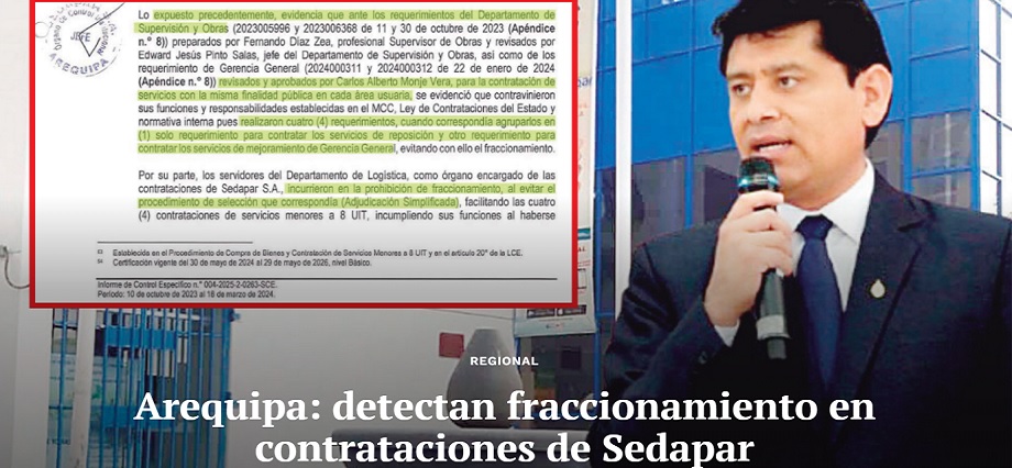 Arequipa: detectan fraccionamiento en contrataciones de Sedapar