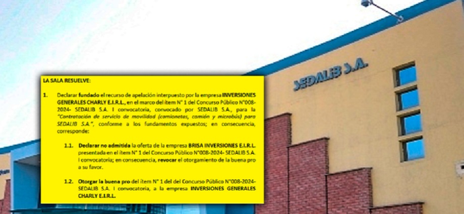 TCE corrige licitación en Sedalib y adjudica buena pro a Inversiones Generales CHARLY E.I.R.L.