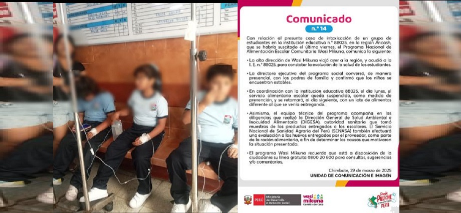 Áncash: Wasi Mikuna se pronuncia ante intoxicación de escolares de Coishco