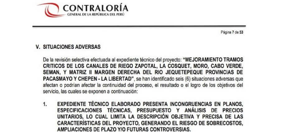 Detectan Más de S/819,000 en Exceso en Expediente para Mejoramiento de Canales en Chepén y Pacasmayo