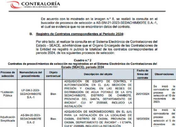 Contraloría detecta que Sedachimbote omitió publicar contratos y órdenes de compra
