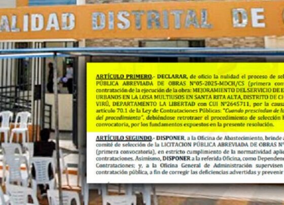 Municipio de Chao anuló cuestionada licitación de casi S/ 2 millones intervenida por el Tribunal