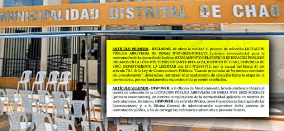 Municipio de Chao anuló cuestionada licitación de casi S/ 2 millones intervenida por el Tribunal