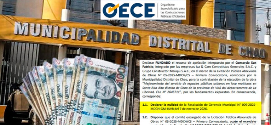 Tribunal corrige por segunda vez a municipio de Chao en licitación de casi S/ 2 millones