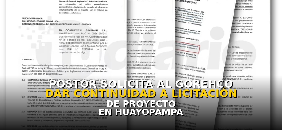 Postor solicita al Gorehco dar continuidad a licitación de proyecto en Huayopampa