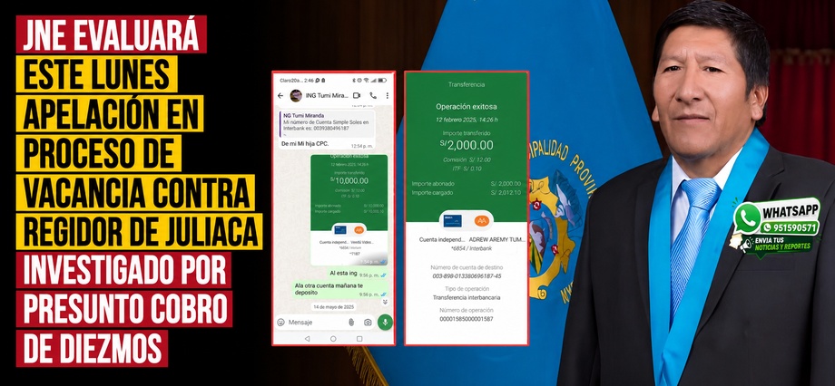 JNE evaluará este lunes apelación en proceso de vacancia contra regidor de Juliaca investigado por presunto cobro de diezmos