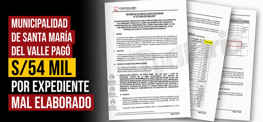 Municipalidad de Sata María del Valle pagó S/54 mil por expediente mal elaborado
