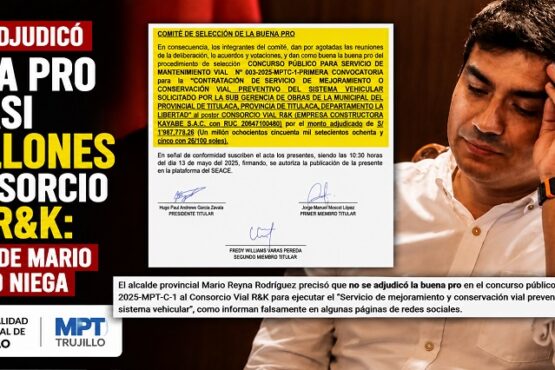 MPT sí adjudicó buena pro de casi 2 millones a Consorcio Vial R&K: gestión de Mario Reyna lo niega